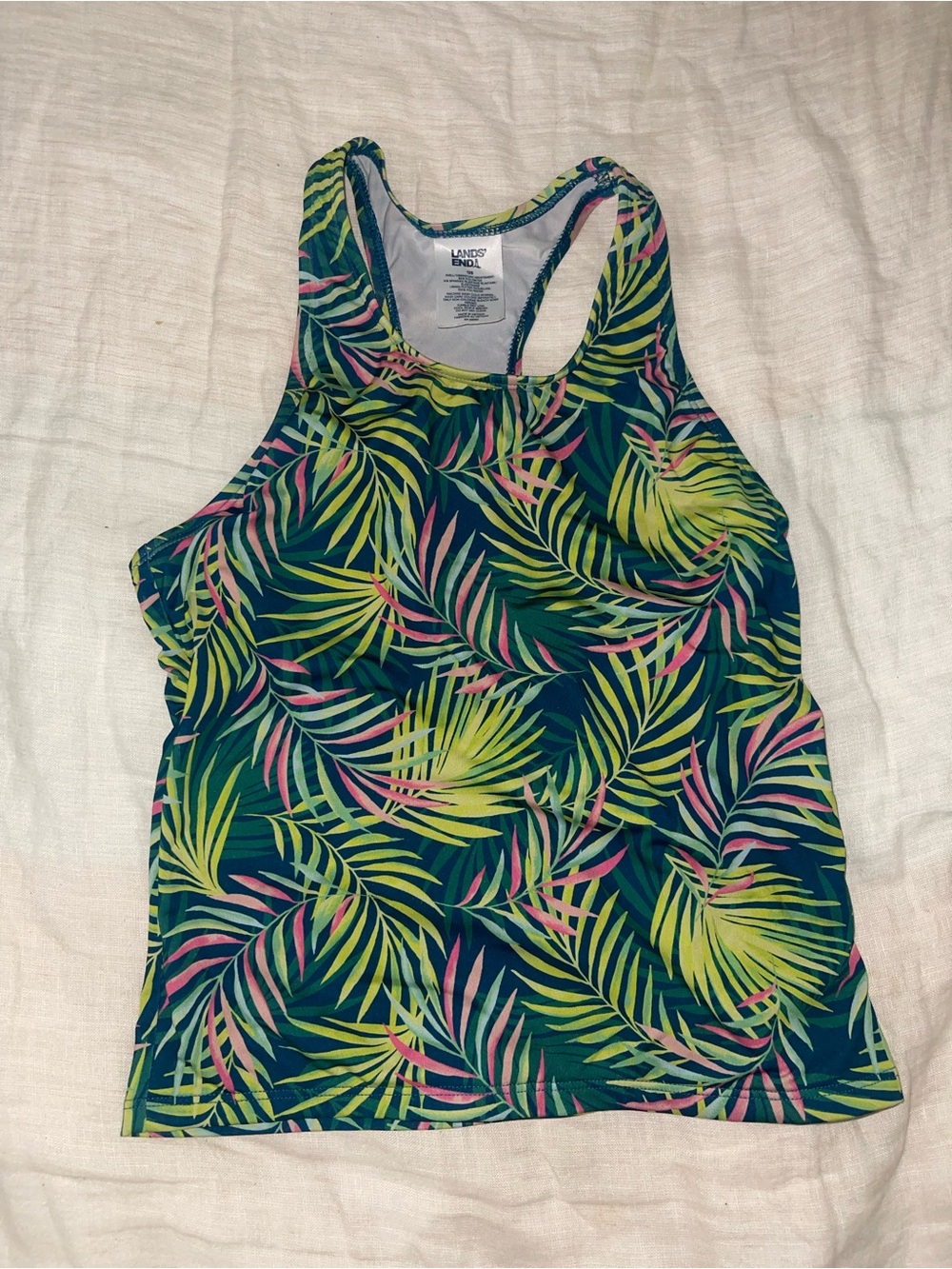 Girls Lands' End Tropical Leaf Racerback Tankini Top in Teal with Lime & Pink